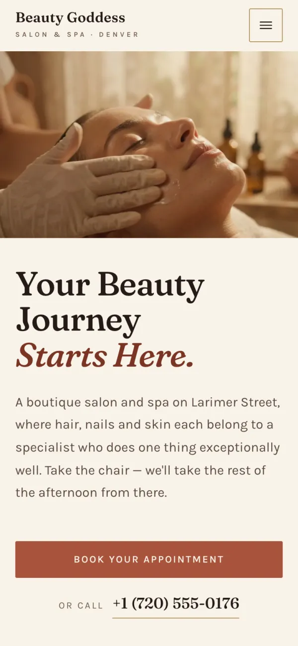 The Beauty Goddess homepage on a phone screen, headline “Your Beauty Journey Starts Here”.