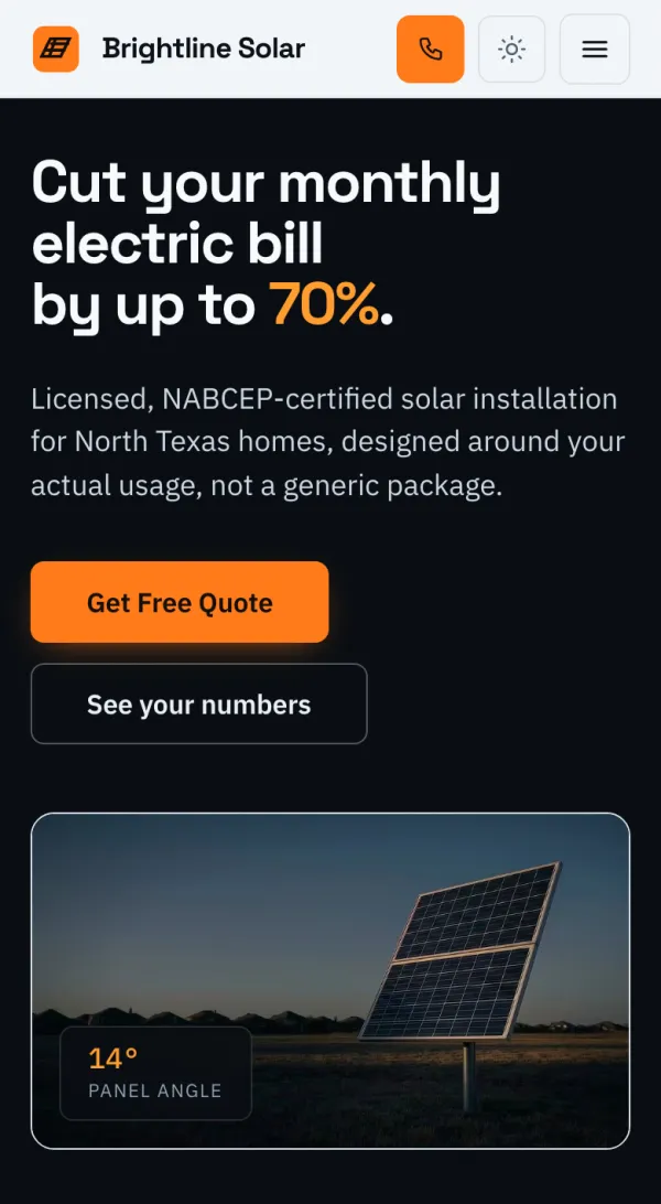 The Brightline Solar homepage on a phone screen, headline “Cut your monthly electric bill by up to 70%”.