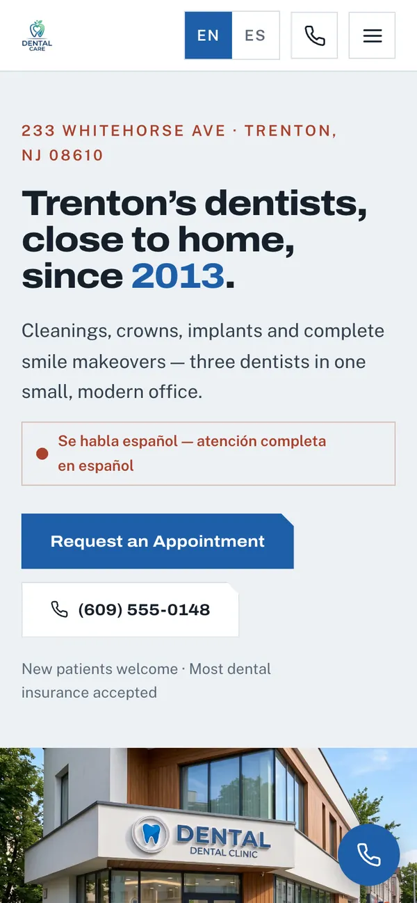 The same dental practice concept on a phone screen.