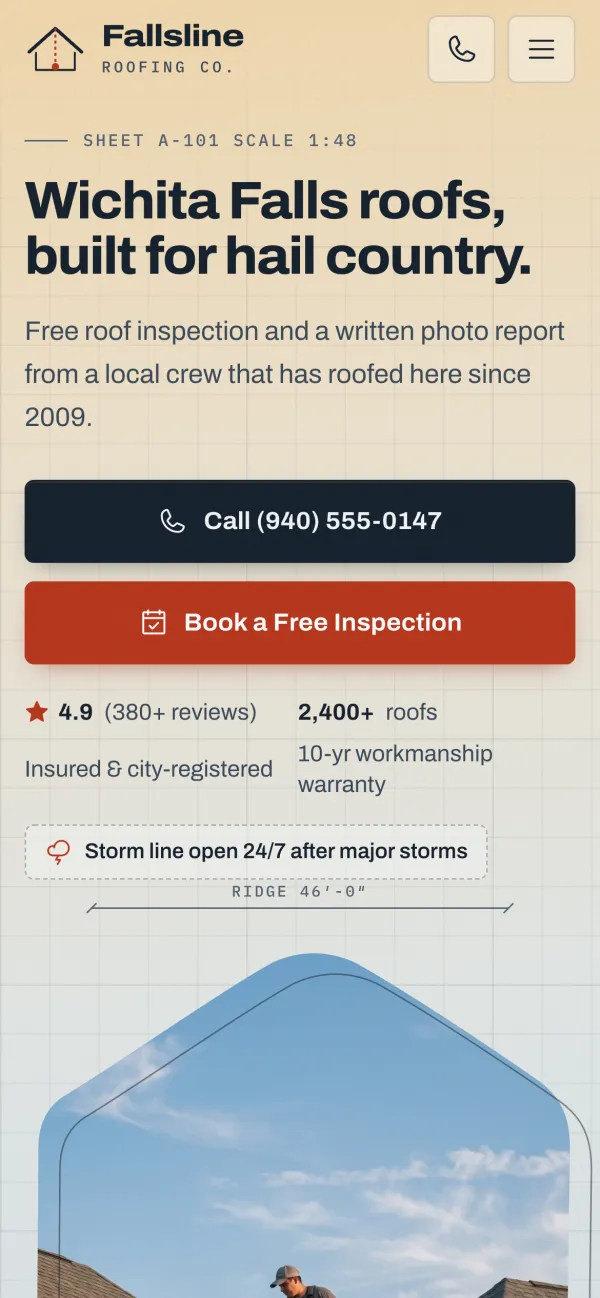 The Fallsline Roofing homepage on a phone screen, headline “Wichita Falls roofs, built for hail country”.