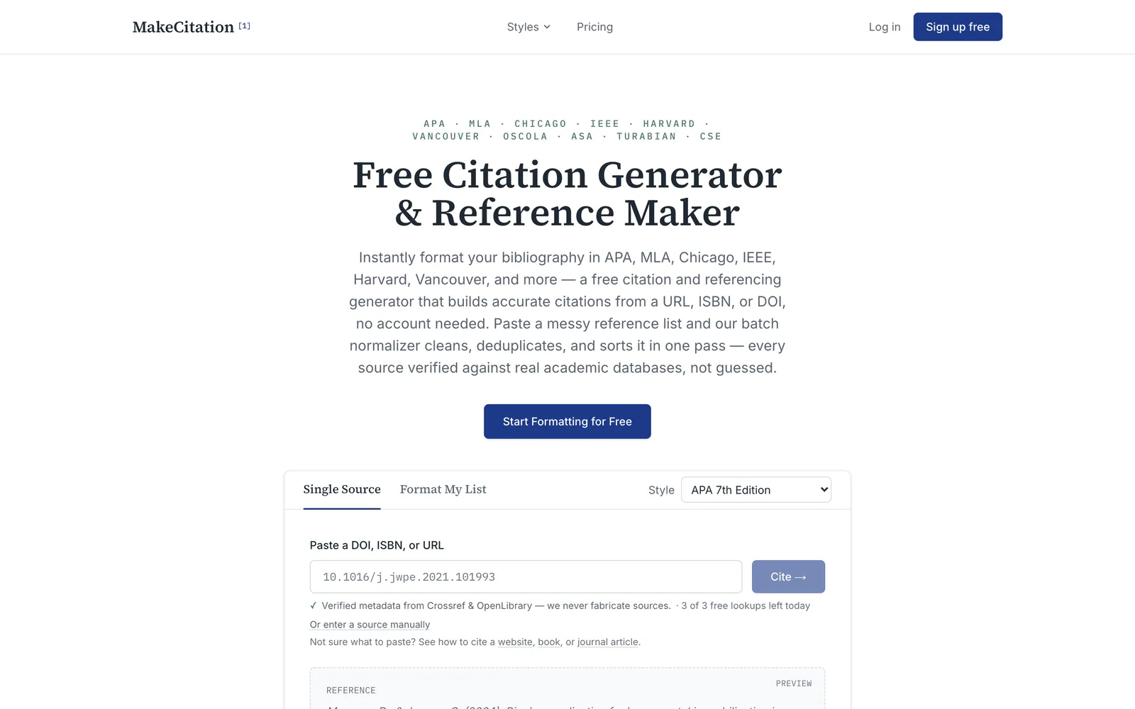 MakeCitation.org homepage on a desktop screen: the headline “Free Citation Generator & Reference Maker” above a citation input field.
