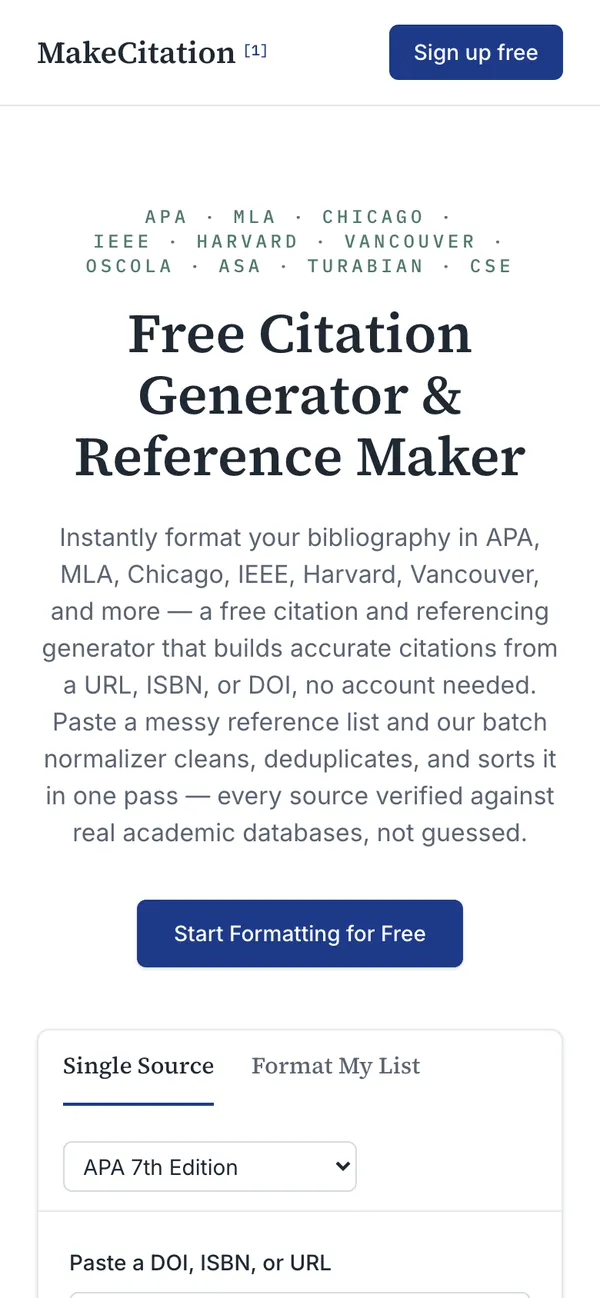 The same MakeCitation.org homepage on a phone screen.